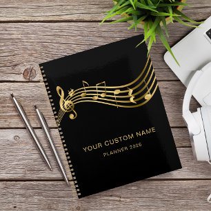 Agenda Músico Dourado Notas Musicais Elegante Personaliza