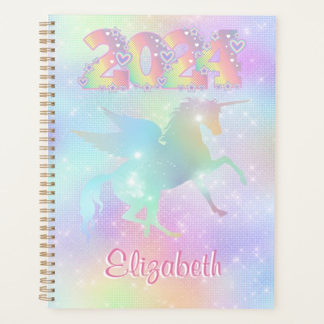 Agenda Na moda cor-de-rosa unicórnio Rainbow Glitter 2024 (Frente)