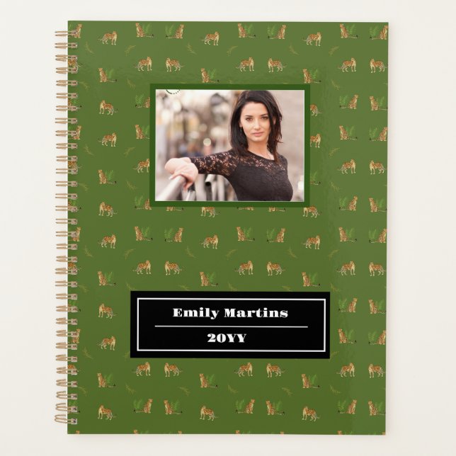 Agenda Na moda Leopard Animal Patterno Name, Green Planne (Frente)