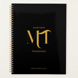 Agenda Na moda preto e Dourado Monograma - Letras iniciai