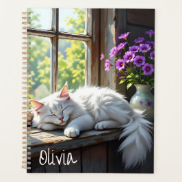 Agenda Napping White Cat and Purple Flowers Personalized