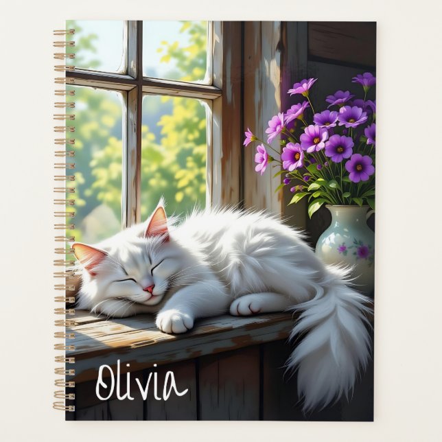 Agenda Napping White Cat and Purple Flowers Personalized (Frente)