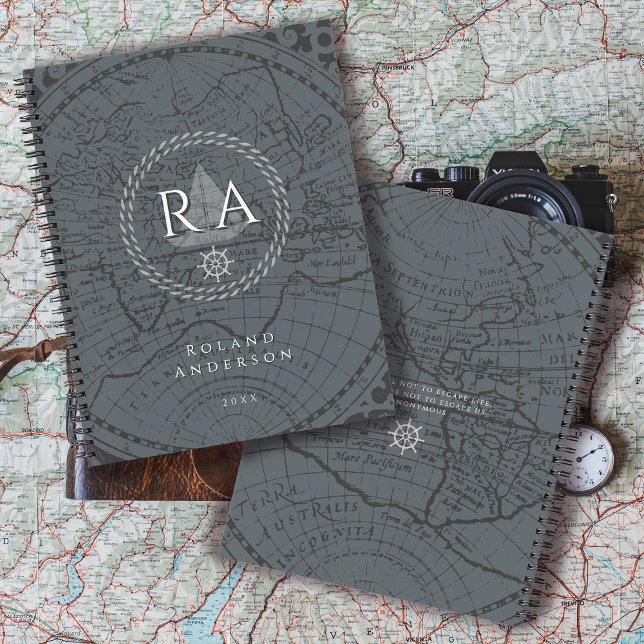 Agenda Nautical Rope Monogram Map Grey (Nautical Map Monogram Traveller Grey Notebook.)