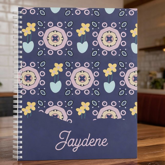 Agenda Navy And Pastel Geometric Floral (Floral meets geometric, with your name in cursive. This notebook’s got style and personality.)