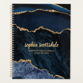 Agenda Navy Blue Gold Mármore Ágata Nome 