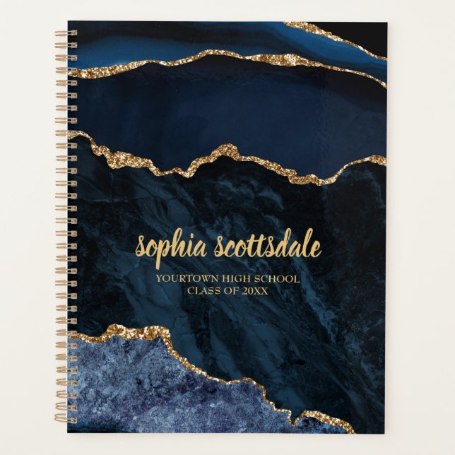 Agenda Navy Blue Gold Mármore Ágata Nome  (Frente)