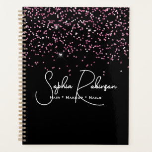 Agenda Negócios de Salão Elegante Preto e Brilho Rosa