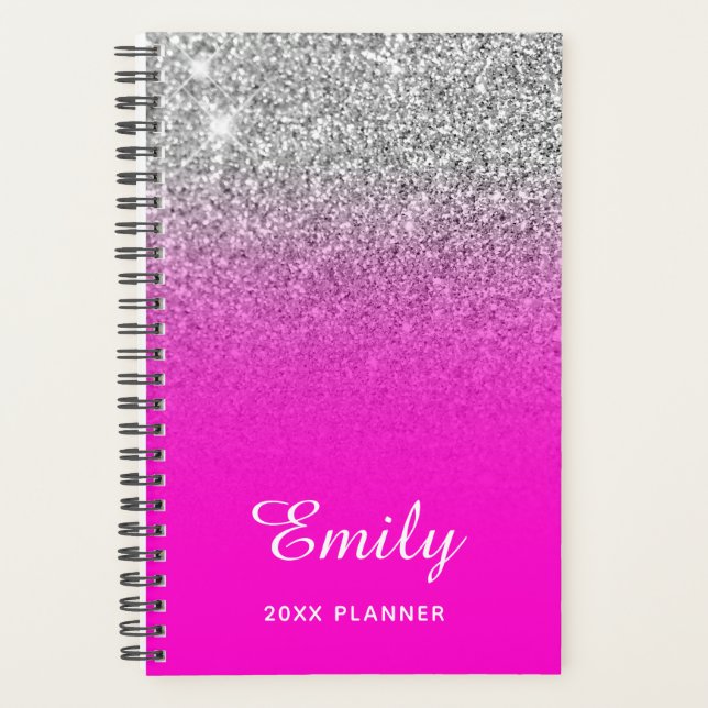 Agenda Neon Rosa Prata Brilho Ombre Nome (Frente)