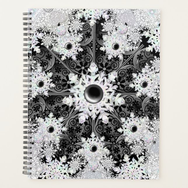 Agenda Nexo preto de rendas cerâmicas e floco de neve (Frente)