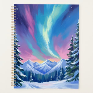Agenda Noite de Inverno Luzes do Norte Aquarela Montanha