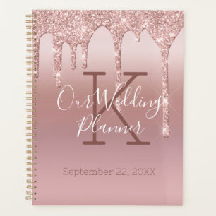 Agenda Noiva Rosa Dourado Monograma com Brilho Drip Blush
