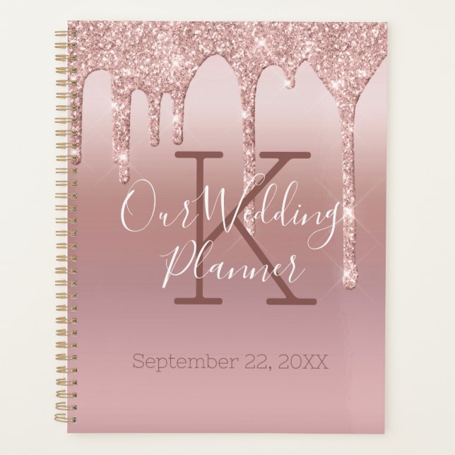 Agenda Noiva Rosa Dourado Monograma com Brilho Drip Blush (Frente)