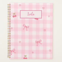 Agenda Nome com Design de Laço de Cereja em Xadrez Rosa