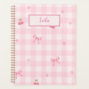 Agenda Nome com Design de Laço de Cereja em Xadrez Rosa