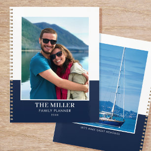 Agenda Nome da Família Moderna Personalizado 2 Fotos Azul