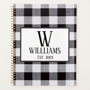 Agenda Nome da Família Monograma de Gingham preto e branc