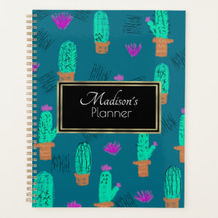 Agenda Nome de Doodle de Cacto Personalizado Dourado