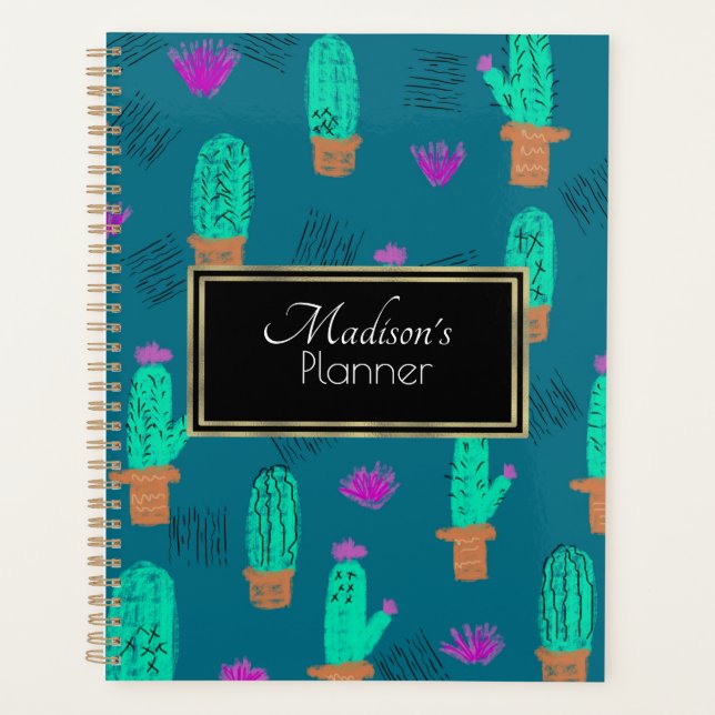 Agenda Nome de Doodle de Cacto Personalizado Dourado (Frente)