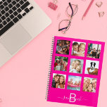 Agenda Nome do monograma da colagem de fotos rosa a quent<br><div class="desc">Faça sua própria colagem de fotos da família como presente ou para você mesmo. Use quatro, 9 das suas fotos favoritas de sua família, amigos, destino de viagem de sonho ou animal de estimação! Personalize e adicione um nome e sua letra monográfica. O nome é escrito com um moderno estilo...</div>