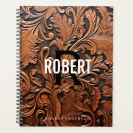 Agenda Nome do monograma de couro com ferramentas de safr