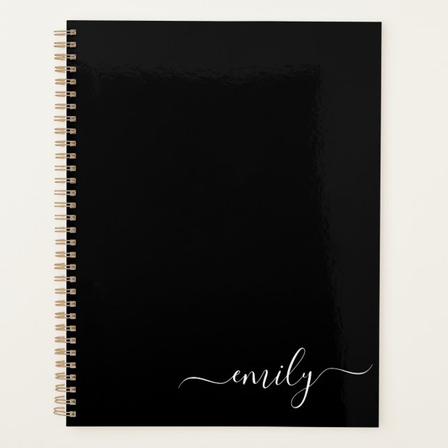 Agenda Nome do Monograma de Script Moderno Preto e Branco (Frente)