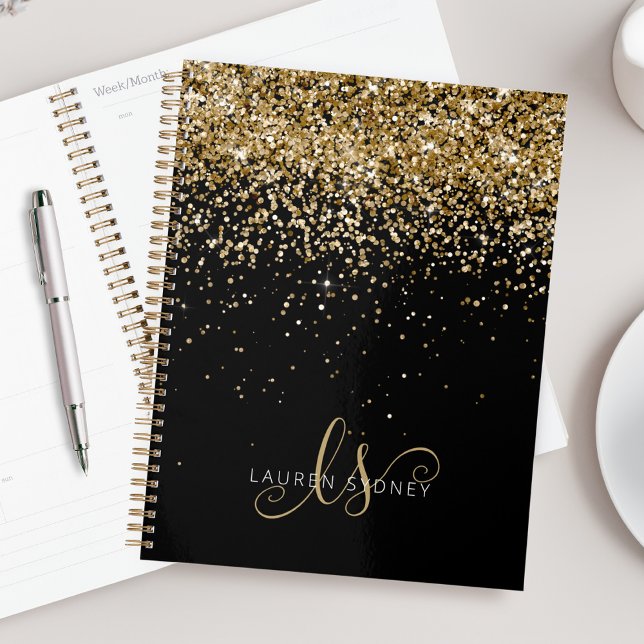Agenda Nome do Monograma do Glitter Dourado (Criador carregado)