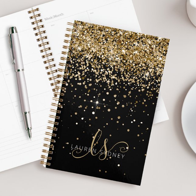Agenda Nome do Monograma do Glitter Dourado (Criador carregado)