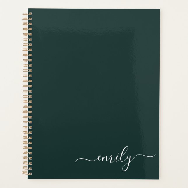 Agenda Nome do Monograma do Script Moderno Verde Escuro (Frente)