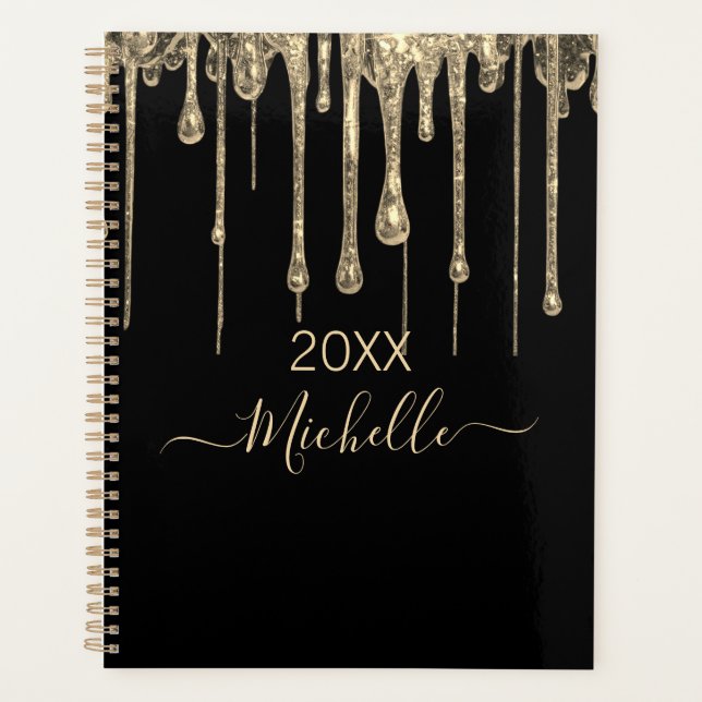 Agenda Nome do Monograma Dourado Glitter Preto Personaliz (Frente)