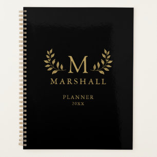 Agenda Nome do Monograma Floral Elegante Preto E Dourado