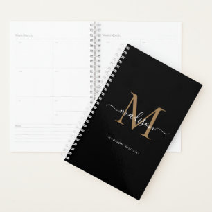 Agenda Nome do Script Elegante do Monograma Dourado Preto