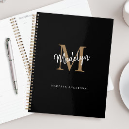 Agenda Nome do Script Elegante Dourado Preto do Monograma