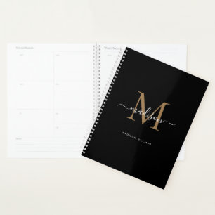 Agenda Nome do Script Elegante Dourado Preto do Monograma