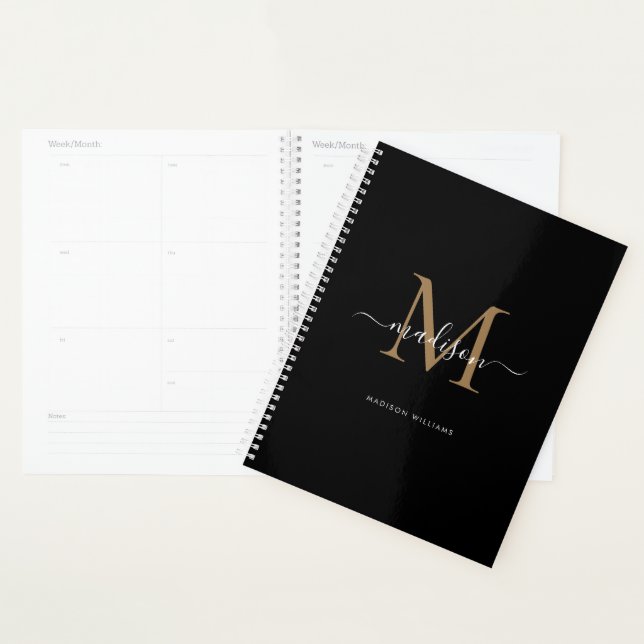 Agenda Nome do Script Elegante Dourado Preto do Monograma (Exibição)