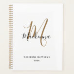 Agenda Nome do Script Inicial do Monograma Dourado Preto<br><div class="desc">Planeador de Nomes de Script Iniciais do Monograma Dourado Preto Moderno. Personalize este elegante design de notebook monograma e branco com seu nome e monograma inicial em uma tipografia de chic,  trendy e girly script. Presente perfeito para ela.</div>