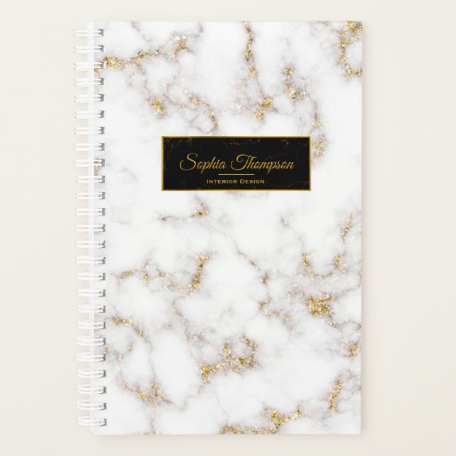 Agenda Nome Dourado de Mármore Branco Elegante Moderno -  (Frente)