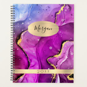 Agenda Nome e Ano DIY, tinta abstrata violeta vermelha e