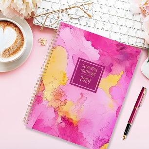 Agenda Nome e ano personalizados do mármore rosa e amarel
