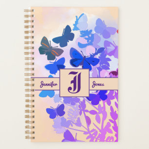 Agenda nome elegante do monograma roxo da borboleta de co