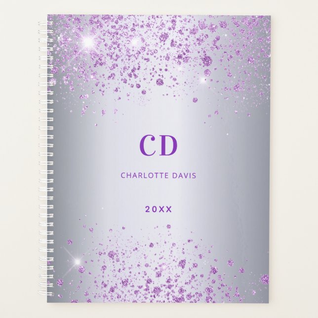 Agenda Nome monograma brilho roxo prata (Frente)