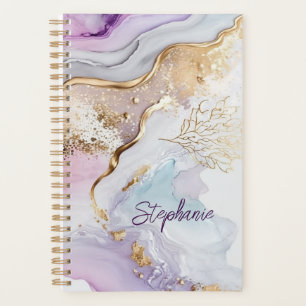 Agenda Nome Monograma Roxo Azul Dourado Lavagem Aquarela