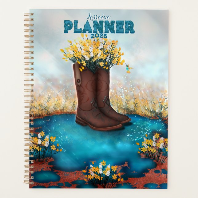 Agenda Nome Personalizado Boot Floral com Pássaro Humming (Frente)