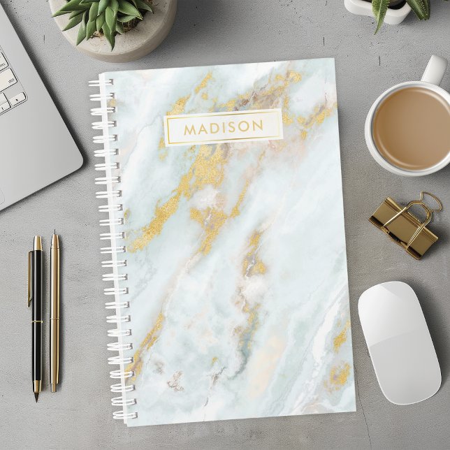 Agenda Nome Personalizado de Marble Azul e Dourado (Criador carregado)