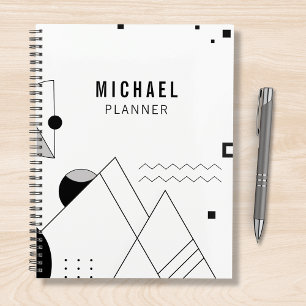 Agenda Nome Personalizado de Memphis Preto e Branco