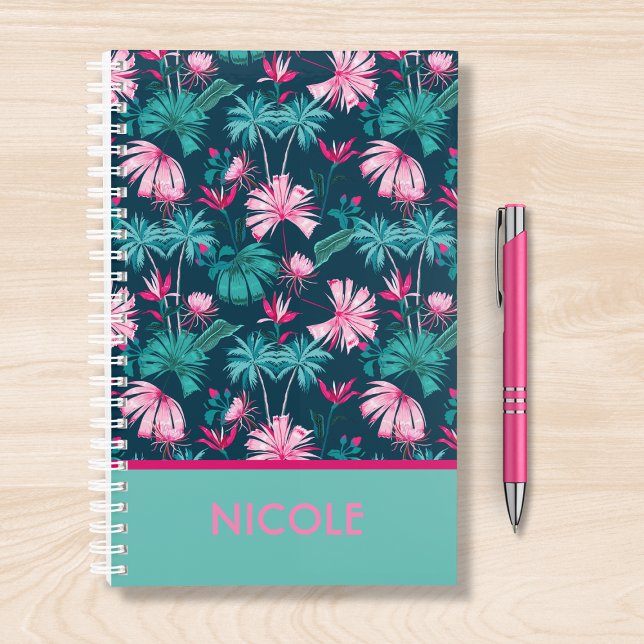 Agenda Nome Personalizado de Teal Rosa Tropical Rosa-Rosa (Criador carregado)