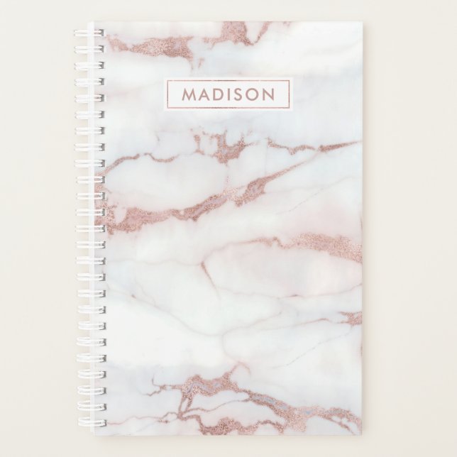 Agenda Nome Personalizado do Marble Branco Dourado rosa (Frente)