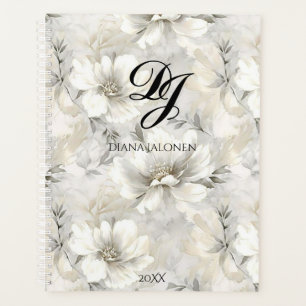 Agenda Nome Personalizado do Monograma das Flores Brancas
