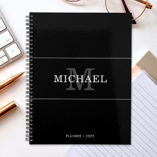 Agenda Nome Personalizado do Monograma do Prata Preto Ele