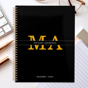Agenda Nome Personalizado do Monograma Dourado Preto Eleg
