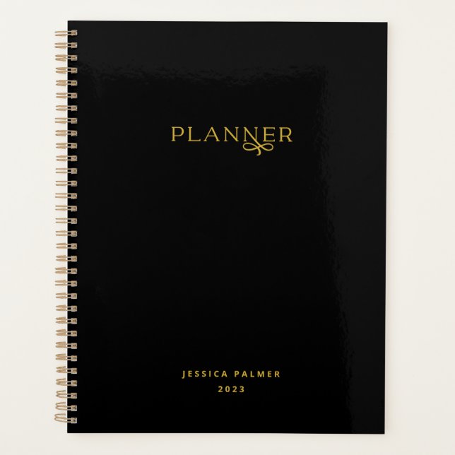 Agenda Nome Personalizado Dourado Preto Moderno Chic (Frente)